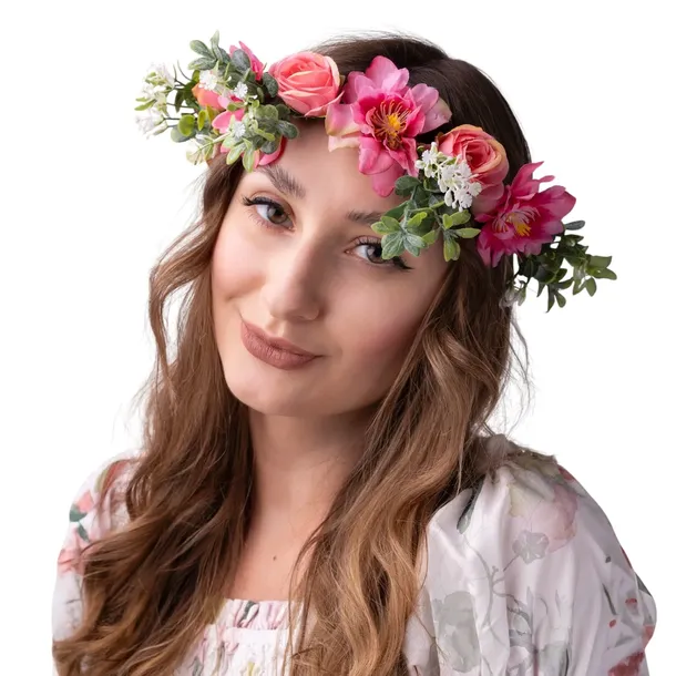 WIANEK na głowę kwiaty różowe BOHO ślub panieński uniwersalny