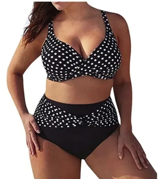 STRÓJ KĄPIELOWY PLUS SIZE KROPKI GROSZKI KOBIECY CZARNY NA PLAŻĘ LATO 3XL