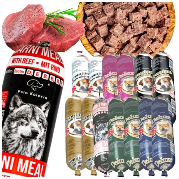 Karma dla Psa Mokra Batony Kiełbasa 90/85% Mięsa Mix 14x1kg LŚNIĄCA SIERŚĆ