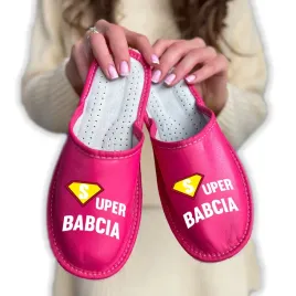 pantofle-rozowe-skorzane-37-superbohaterka-super-babcia-dzien-babci-wzory