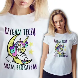 koszulka-damska-biala-unicorn-rzygam-tecza-wz-l