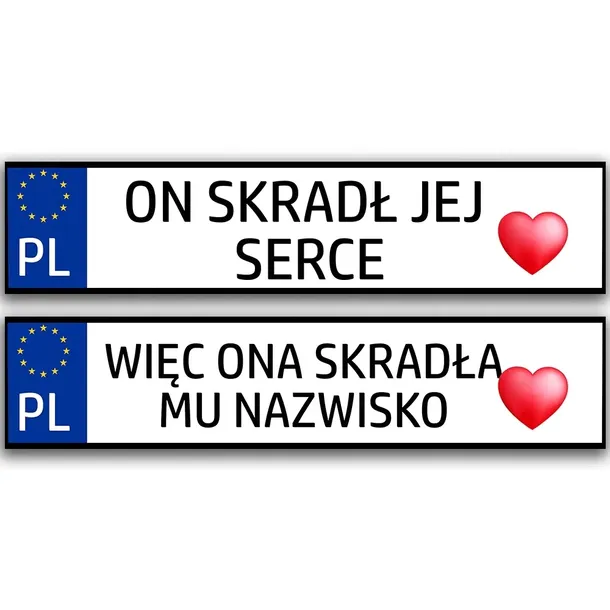 ZESTAW 2 SamochodOWYCH TABLIC PCV na ŚLUB Wesele Wiele ZABAWNYCH WZORÓW