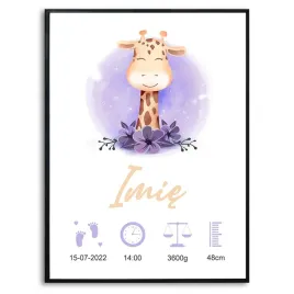 plakat-a3-297x42-metryczka-zyrafa-fioletowe-wzory