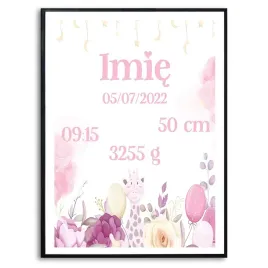 plakat-a3-duzy-metryczka-rozowa-zyrafa-dane-wzory