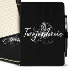 personalizowany-notes-a5-czarny-dlugopis-kwiat