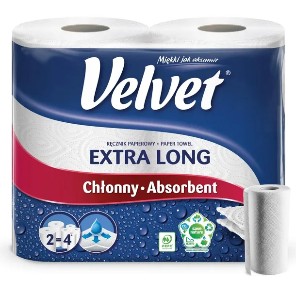 VELVET Extra Long Ręcznik Kuchenny Papierowy Chłonny 2 Rolki