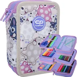 coolpack-piornik-szkolny-trzykomorowy-wyposazenie-kredki-pisaki-kroliczek