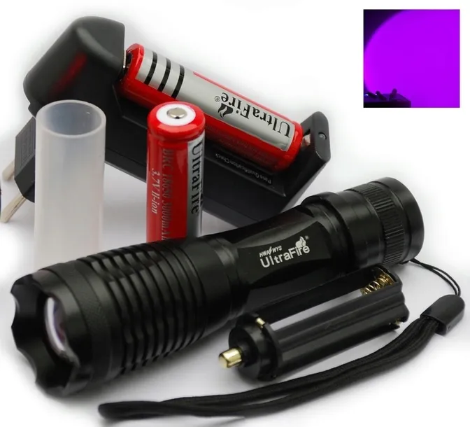Latarka Uv ultrafiolet UltraFire Zoom +2 aku+akces