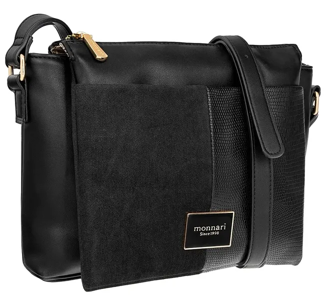 Torebka Damska CZARNA LISTONOSZKA MONNARI Logo 3 Komory CROSSBODY POJEMNA