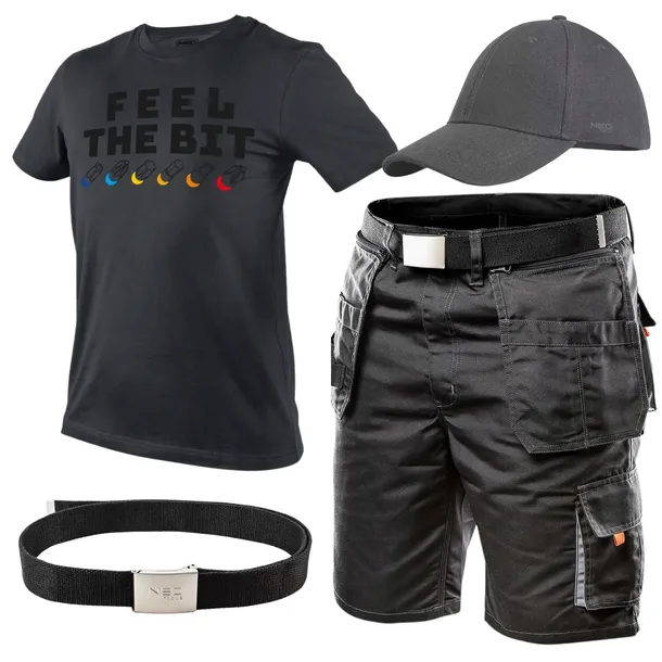 NEO Krótkie Spodenki Robocze Męskie + T-Shirt + Czapka Pasek Komplet Roz XL