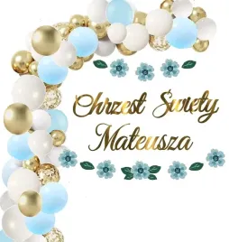 chrzest-balony-niebieskie-dekoracje-baner-kwiaty-imie