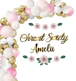 chrzest-balony-dekoracje-rozowe-baner-kwiaty-imie