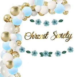 chrzest-balony-niebieskie-dekoracje-baner-kwiaty