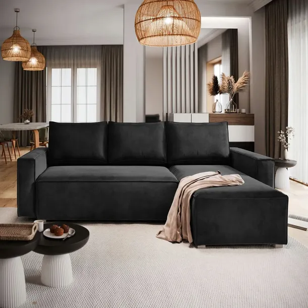 Luksusowa sofa narożna SILES welurowa FUNKCJA SPANIA pojemnik na pościel