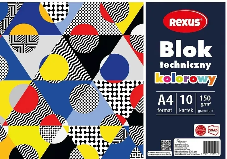 BENIAMIN REXUS BLOK BIAŁY TECHNICZNY KOLOROWY A4 10 arkuszy