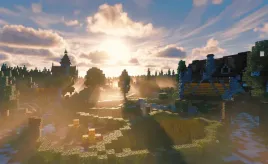 piekna-fototapeta-na-sciane-grafika-minecraft-shaders-wioska-416x254