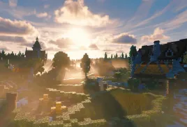 piekna-fototapeta-na-sciane-grafika-minecraft-shaders-wioska-152x104