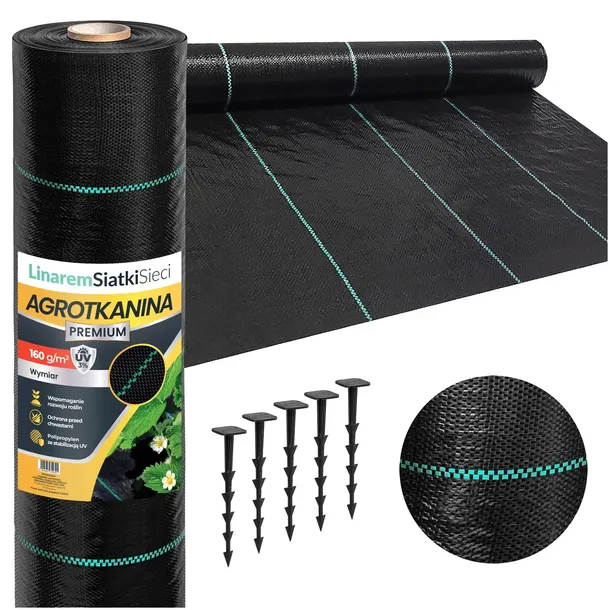 AGROTKANINA 160G 1,1x50m PREMIUM+ AGROWŁÓKNINA MATA CZARNA UV 3% + KOŁKI