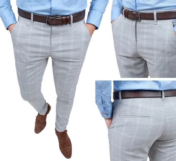 Spodnie Męskie Szare w Kratę Eleganckie Wizytowe Slim Fit Biznes