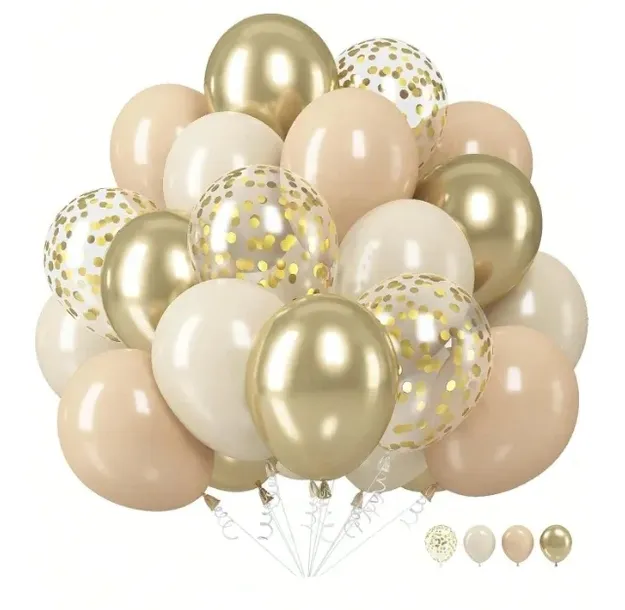 Balony Beżowe Kremowe Złote z Konfetti Boho Urodziny Ślub Komunia Chrzest