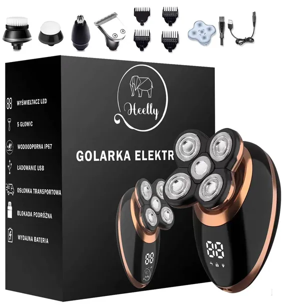 GOLARKA MĘSKA MASZYNKA ELEKTRYCZNA DO GOLENIA GŁOWY BRODY TRYMER 5W1 HEELLY