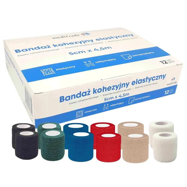ZESTAW BANDAŻ KOHEZYJNY ELASTYCZNY SAMOPRZYLEPNY 5cmx4,5m 12szt kolor nr1