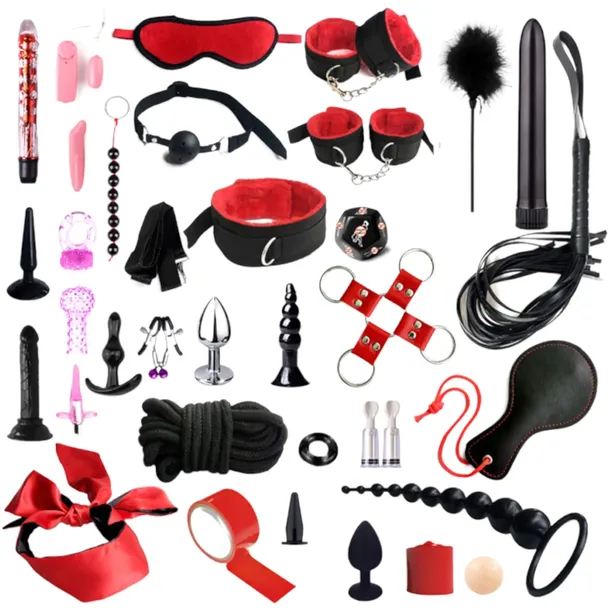 Zestaw BDSM Największy 35 Elementy Uprząż Kajdanki Obroża Gadżety Erotyczne