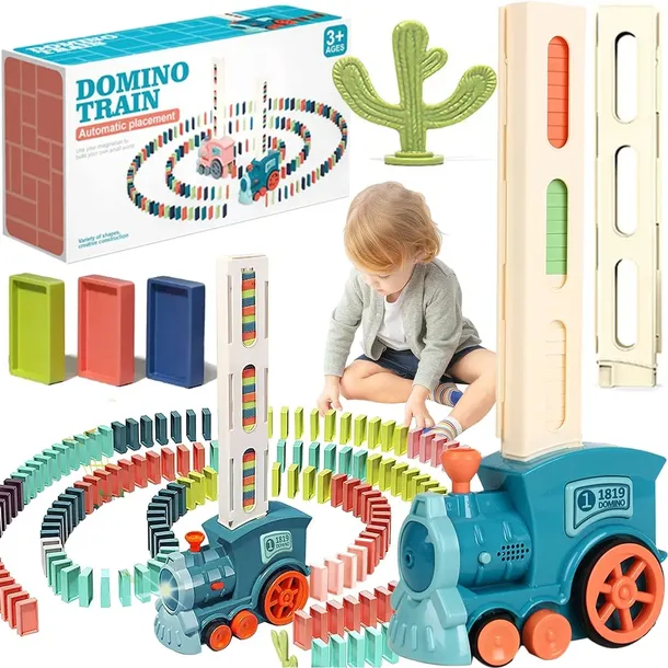 KOLEJKA POCIĄG LOKOMOTYWA AUTOMATYCZNA CIUCHCIA UKŁADAJĄCA KLOCKI DOMINO