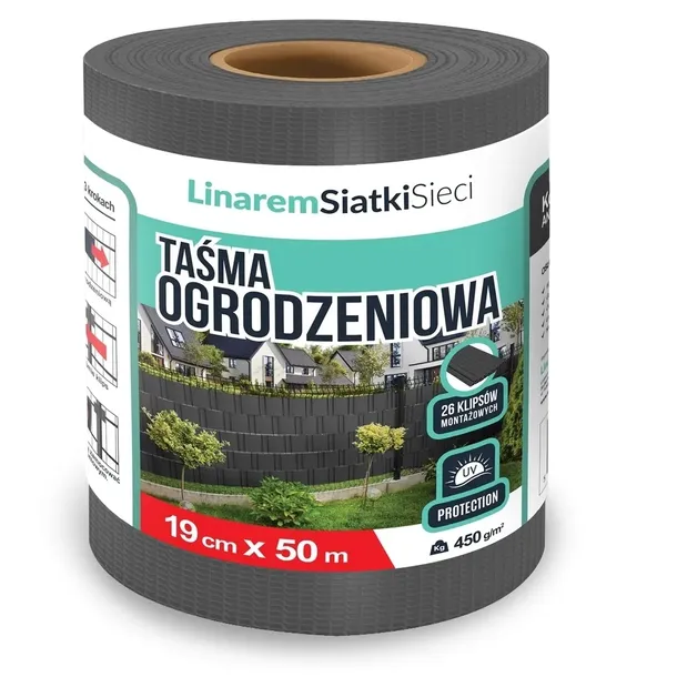 TAŚMA OGRODZENIOWA 19cm x 50m OSŁONA MATA NA OGRODZENIA GRAFITOWA+KLIPSY