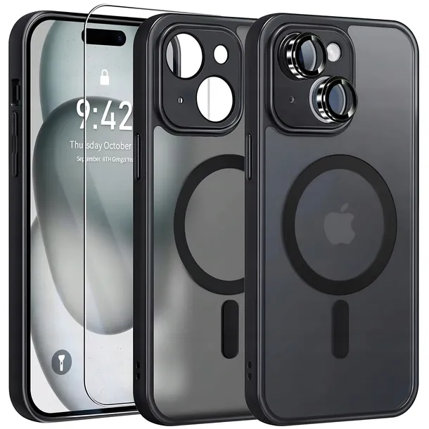 ETUI DO IPHONE 15 MAGSAFE CZARNE CASE PANCERNE OSŁONA APARATU OBUDOWA+SZKŁO