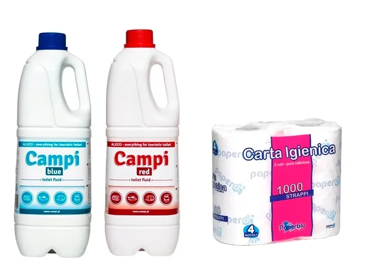 PŁYNY DO TOALET TURYSTYCZNYCH KONCENTRAT ZESTAW CAMPI 4L BLUE RED + PAPIER