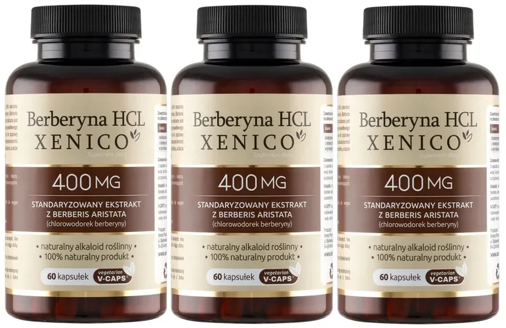 3 x Xenico Berberyna HCL, 60 kaps. Korzeń berberysu Zdrowe wątroby Glukoza