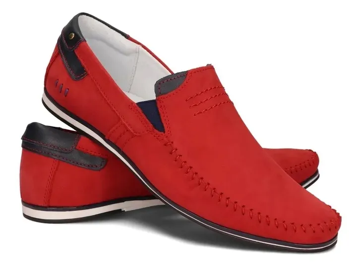 Mokasyny Buty Męskie Wsuwane Skóra Naturalna Nubukowa 876 Czerwony 49