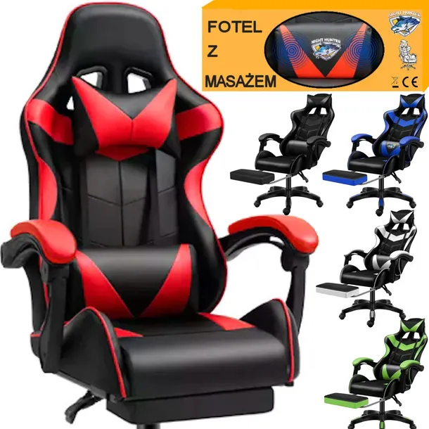 FOTEL gamingowy WYSOKI 78cm z MASAŻEM pleców +PODNÓŻEK komputerowy OBROTOWY