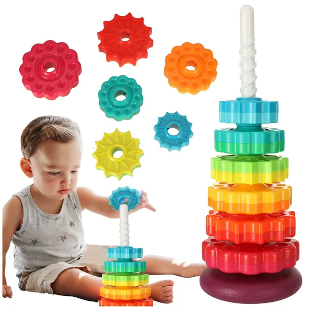 WIEŻA TĘCZOWA SENSORYCZNA EDUKACYJNA PIRAMIDA DO UKŁADANIA SPIRALA SORTER