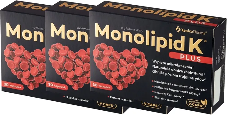 3 sztuki Monolipid K Plus, 30 kaps. Xenico Prawidłowy cholesterol Bergamota