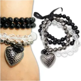 bransoletka-czarna-srebrna-koraliki-serce-kokardka-na-gumce-zestaw-4-szt