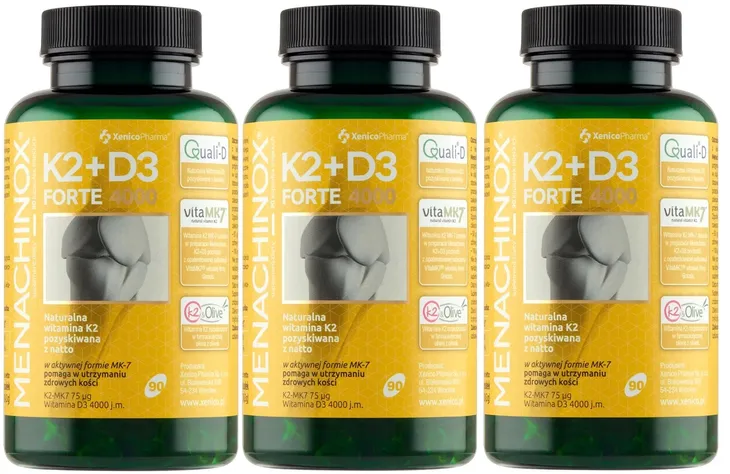 3 sztuki Menachinox K2+D3 Forte, 90 kaps. Xenico Odporność Zdrowe kości