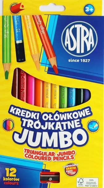 ASTRA Kredki ołówkowe trójkątne Jumbo Grube 12 kolorów + temperówka