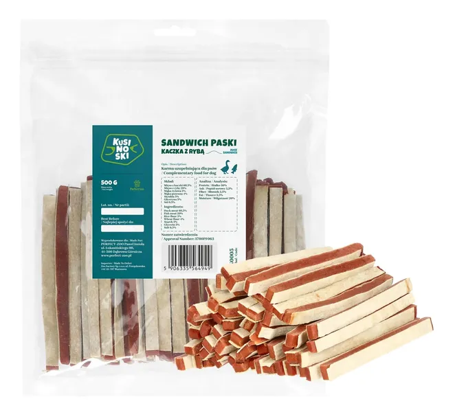 KUSINOSKI SANDWICH PASKI KACZKA Z RYBĄ PRZYSMAKI DLA PSA 500g