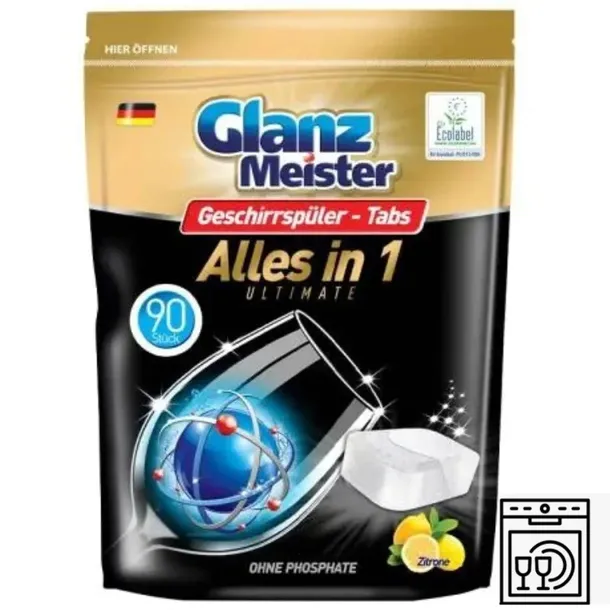 GlanzMeister tabletki do zmywarki 90 szt. Doypack PVOH Eco Label cytrynowe