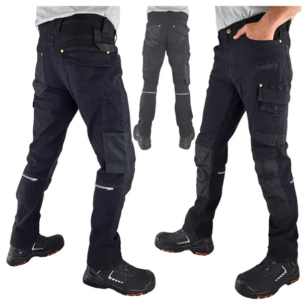 Spodnie robocze Jeans męskie Bojówki czarne Elastyczne Wygodne Stretch 48