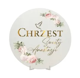 chrzest-tablica-powitalna-baner-kolo-50cm-drewno-kwiatki-roz-stojak-imie