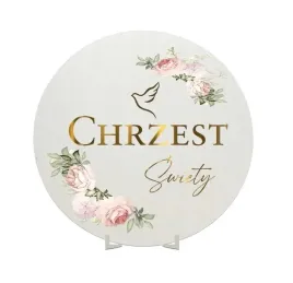 chrzest-tablica-powitalna-baner-kolo-50-cm-drewno-kwiatki-roz-stojak