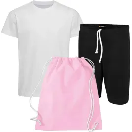 zestaw-na-wf-128cm-wyprawka-bialo-czarny-koszulka-spodenki-worek-rozowy