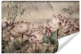 fototapeta-do-salonu-kwiaty-lotosu-rosliny-ptaki-styl-vintage-450x300
