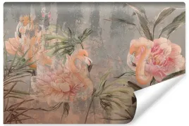 fototapeta-do-jadalni-flamingi-liscie-beton-abstrakcja-mur-450x300