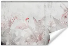 fototapeta-do-jadalni-flamingi-abstrakcja-beton-mur-liscie-450x300