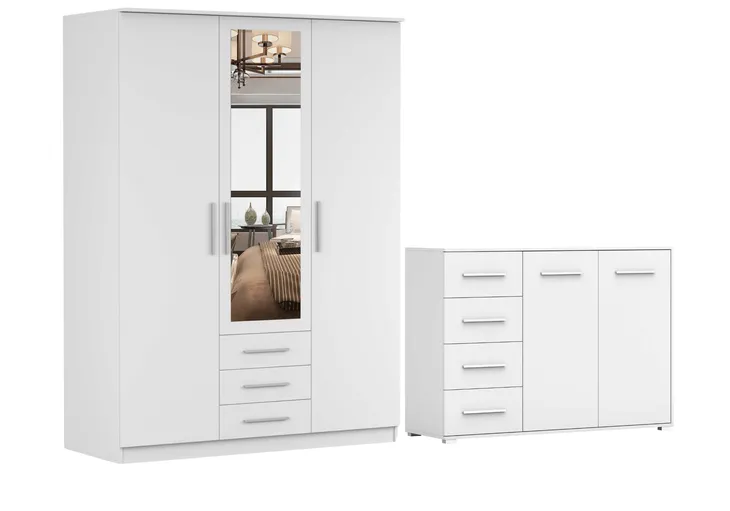 Zestaw SZANTAL 3D Szafa 150 Komoda FRIDA 01 135 półki BIAŁY PRODUCENT