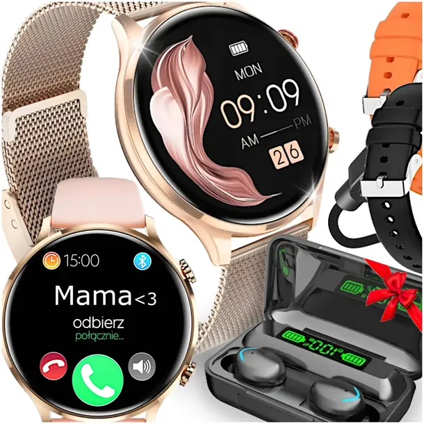 SMARTWATCH DAMSKI ZEGAREK WODOODPORNY PL MENU ROZMOWY + 4 PASKI + SŁUCHAWKI